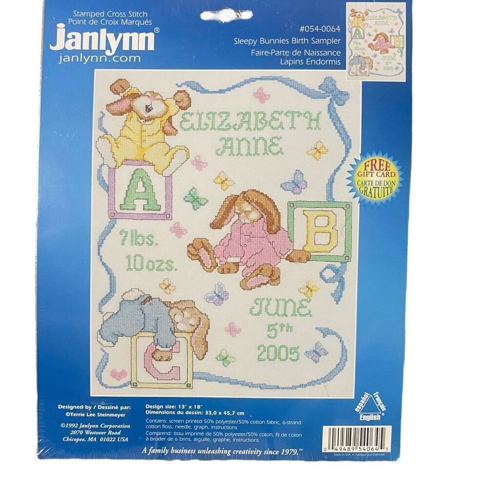 Janlynn Sleepy Bunnies Birth Cross Stitch Kit #054-0064 Baby Announcement 13x18